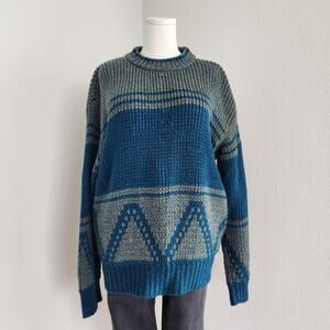 Vintage 80s Grandpa Sweater Geometric Knit Blue Gray Chunky Pullover M